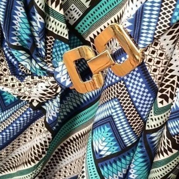 Roaman's Plus Size 24W Dress Geometric Tile Stretch Faux Wrap Pullover Midi Blue - Picture 11 of 12